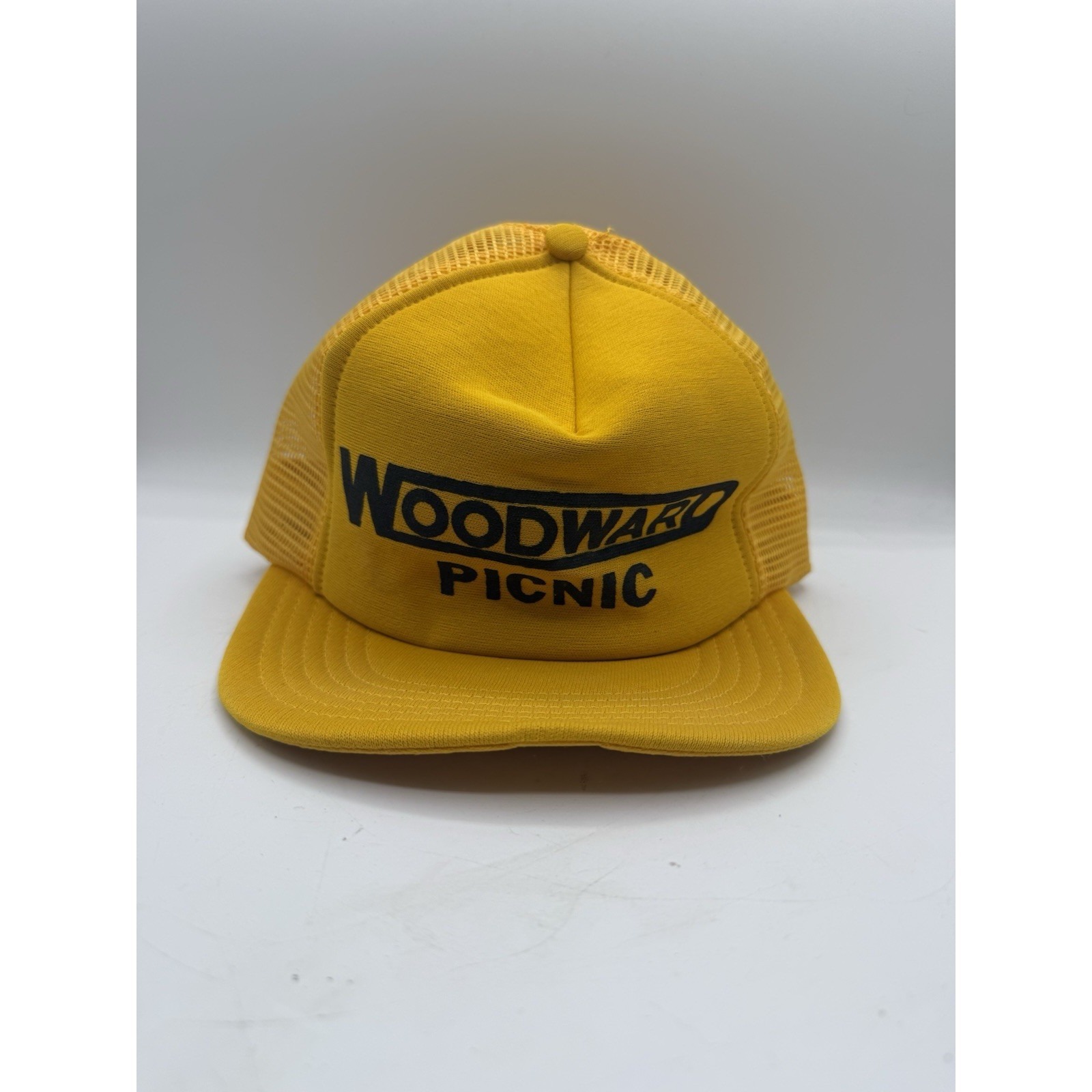 Vintage Woodward's Picnic Trucker Hat Snapback Yellow Mesh Cap Department Store